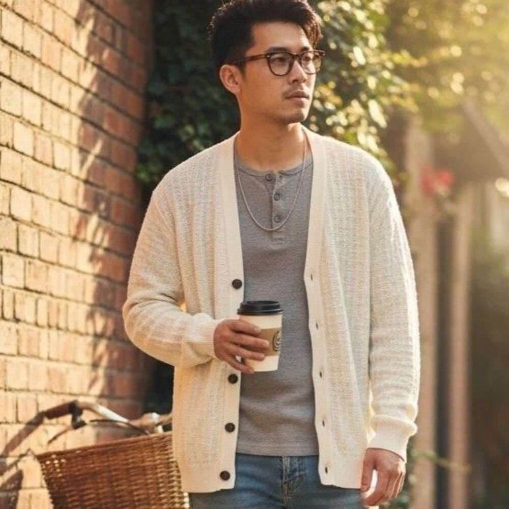 Croft & Barrow Vintage 90s Windowpane 3D Knit Cardigan Sweater Mens L Tall Cream